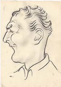 1953. Caricatura di Gianni Quondamatteo fatta da Cumo per Almanacco di Rimini